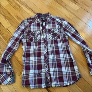Buckle Black Maroon and White Plaid Shirt